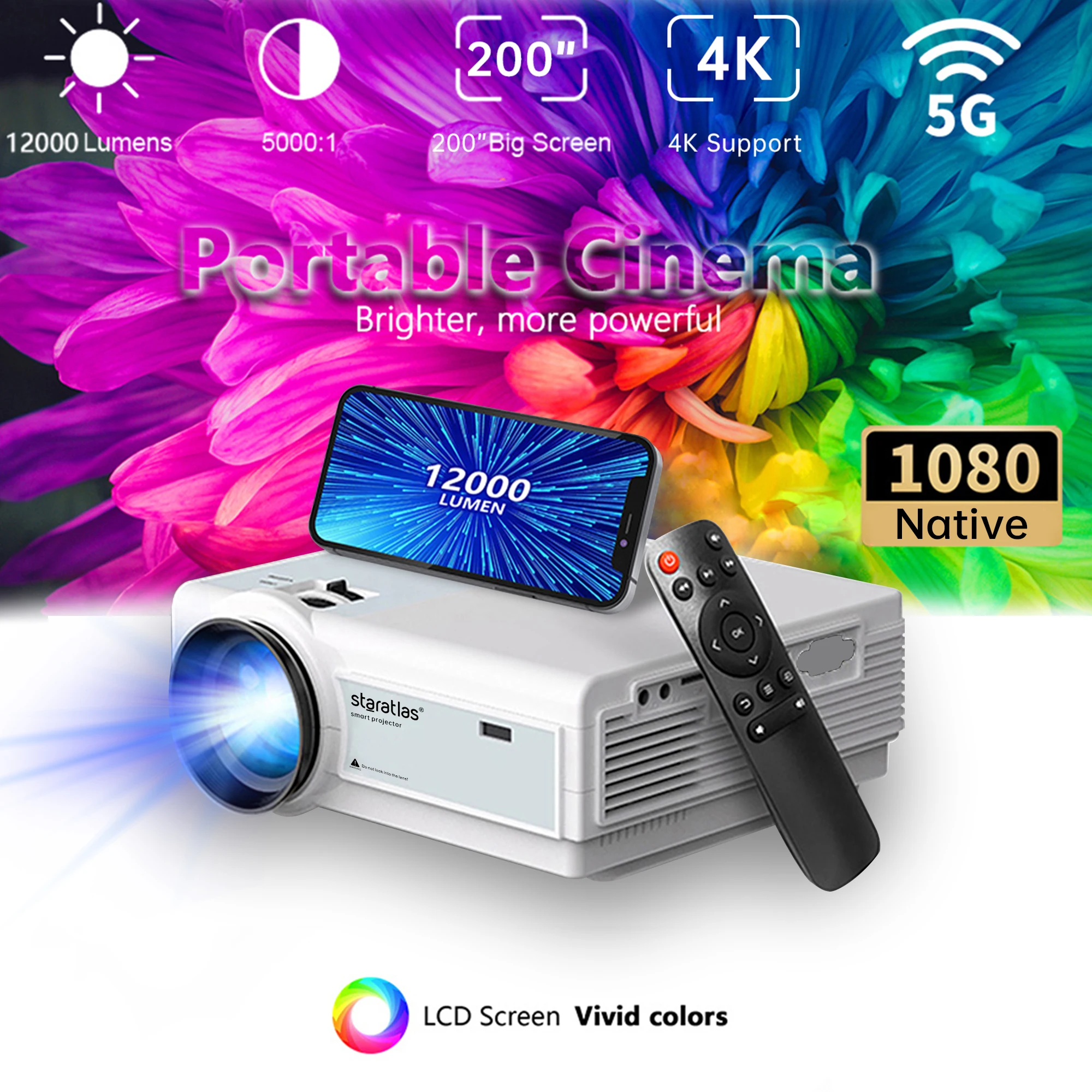 

Проектор с Wi-Fi, портативный мини-проектор для улицы, фокусировка и ± 80% Keystone, встроенные динамики для проектора Native 1080P