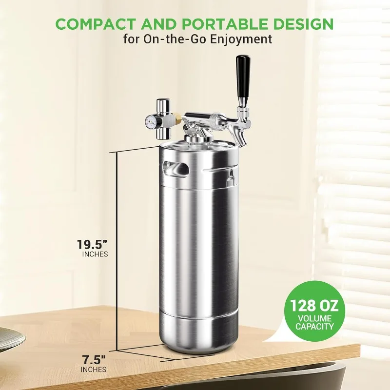 NutriChef Pressurized Growler Tap System, 128oz Stainless Steel Mini Keg Dispenser Portable Kegerator Kit,Co2 Pressure Regulator