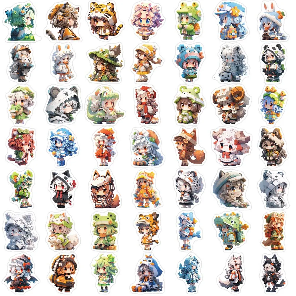 10/50pcs Pixel Style Cute Girls Stickers Pack for Kids Toy Scrapbooking Travel Luggage Laptop Cartoon Graffiti Waterproof Decals