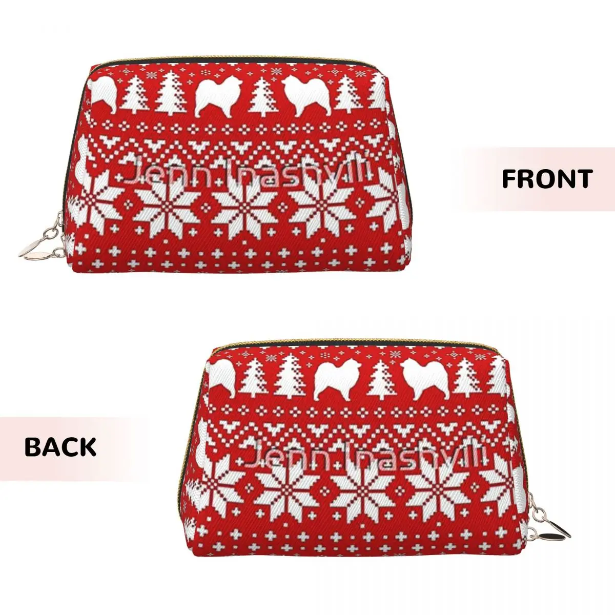 Samoyed Dog Silhouettes Red And White Christmas Holiday Pattern Women Cosmetic Bags Travel Makeup Organizer Pouch Toiletry