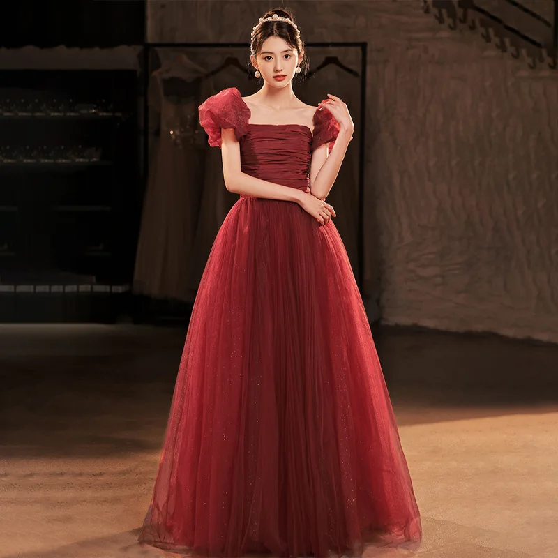 

It's Yiiya Evening Dress Burgundy Pleat Square Collar Short Sleeves A-line Floor-length Plus size Women Party Formal Gowns A2998