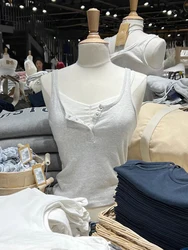 Buttons Gray Slim Tank Tops Women Summer Sexy U Neck Sleeveless Cotton Crop Top American Vintage Streetwear Y2k Basic Vests