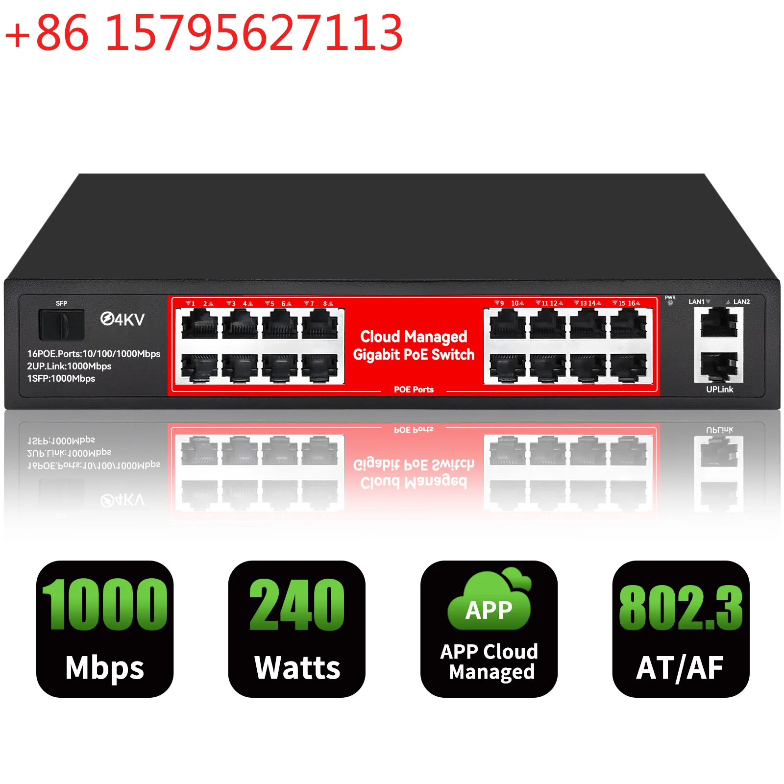 Switch PoE gestionado en la nube, Full Gigabit de 16 puertos 1000Mbps + 2 puertos Gigabit uplink + 1 puerto SFP, switch PoE para cámaras Hikvision