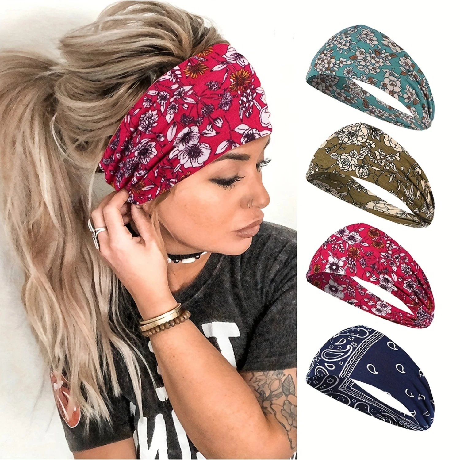 4pcs/pack  Headbands Stretch Print Bandana Headbands Cross Knotted Head Wrap For Yoga Workout Daily Wear For Women And Girls