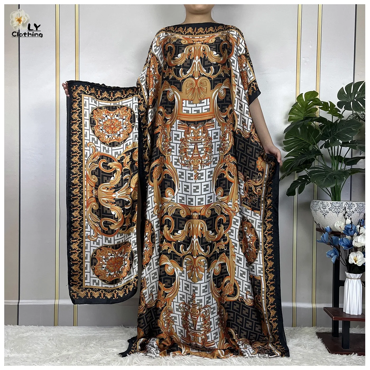 2023 Hot Selling African Abaya Women Clothing 2 Pieces Dubai Dashiki One size Silk Print Design With Scarf Loose Soft Long Dress