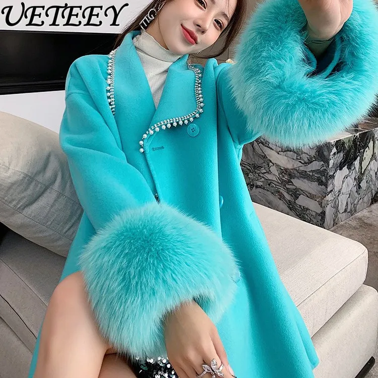 

High Quality Cashmere Coats Women Fashion Chic Beaded Young Fox Fur Woolen Jacket Long Coat 2023 New Autumn and Winter Clothes