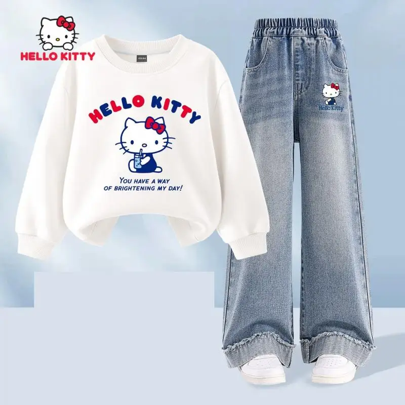 

Sanrio Hello Kitty Girl Autumn Sets Kids Spring Tops Motion Jeans Pants Kawaii Cartoon Anime Fashion New Style Casual Clothing