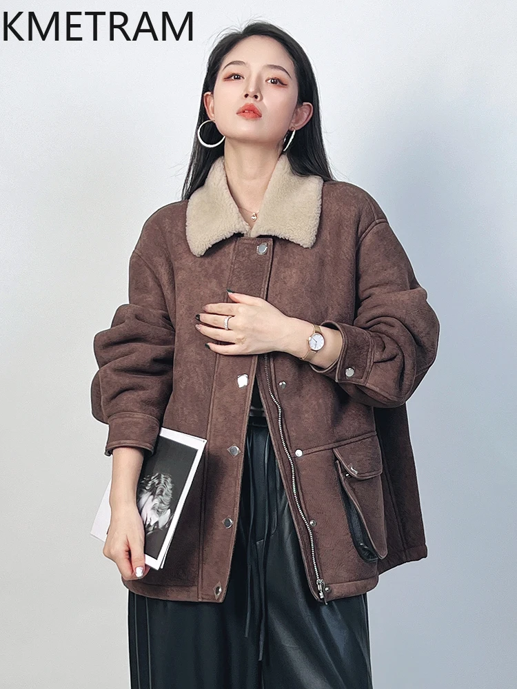 سترة من صوف الغنم الطبيعي مزدوجة الوجه من الفرو للنساء فاخرة بني داكن معطف فرو حقيقي ملابس نسائية شتوية 2025 schuba vrouwska