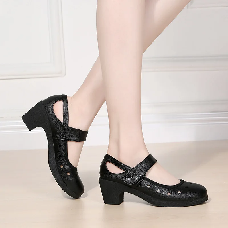 Fashion 2022 Cut Out Women Pumps Breathable Women Shoes Hook&Loop Thick High Heels Soft Mary Janes Dancing Shoes Leather