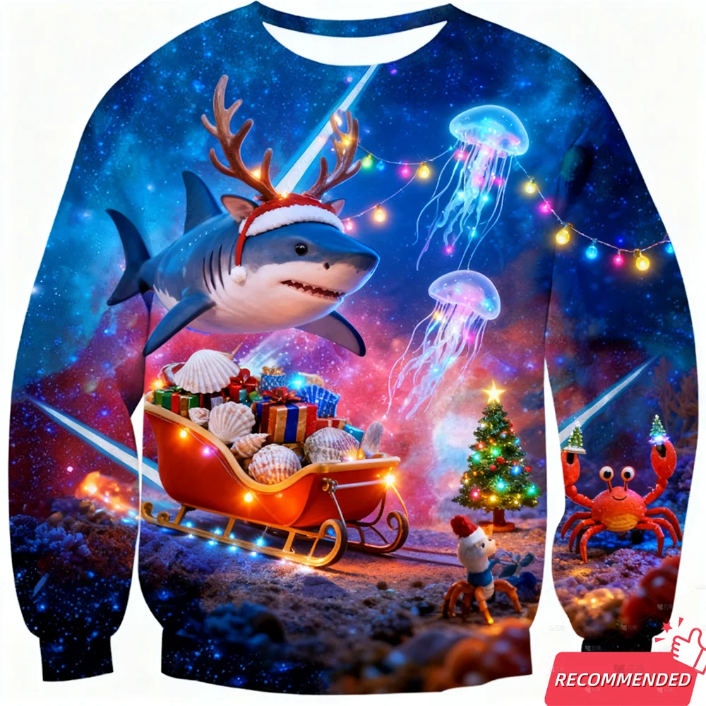 Space Animals Ugly Christmas Sweater For Men Clothing Funny Food Dog Shark Sweater Xmas Holiday Crew Neck Sweatshirt Jumpers Top