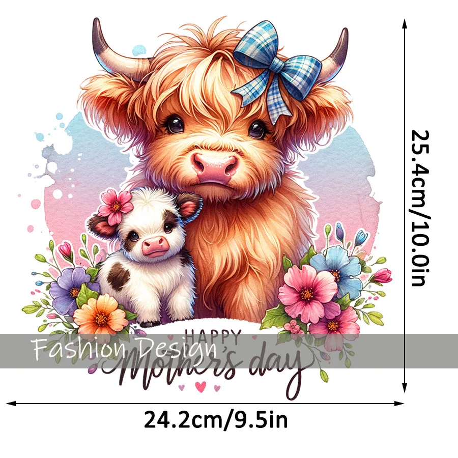 Happy Mother's Day Highland Cow DIY Iron-On Heat Transfer Sticker Decals T-shirts Sweatshirts Bag Clothing Fabric Handmade Decor