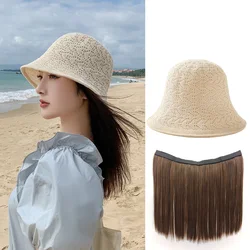 Sombrero de moda con pelo atado para mujer, pelo largo y liso desmontable, pelucas de sombrero de cubo, peluca de gorro para verano