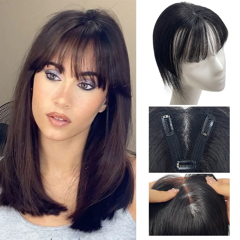 25cm 3.54*4 Inch Hairnet Human Hair Swiss Lace Pieces Clip in Hair Topper Extension with Bangs Black Dark Brown Top Wig Piece