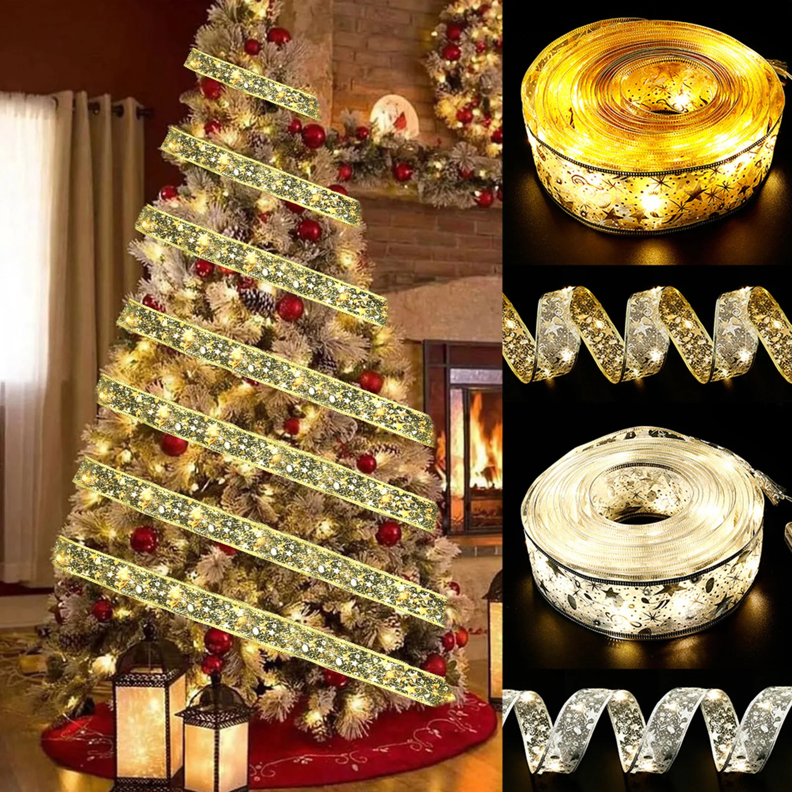 Christmas Party Ribbon String Lights Gold Foil Double Ribbon Holiday Xmas Tree Decor for Christmas House Balcony Garden