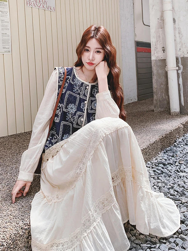 

Комплект из двух предметов с тяжелой вышивкой и кружевной отделкой, женское длинное платье с длинными рукавами, осень 2025, новинка, для офиса и повседневной носки