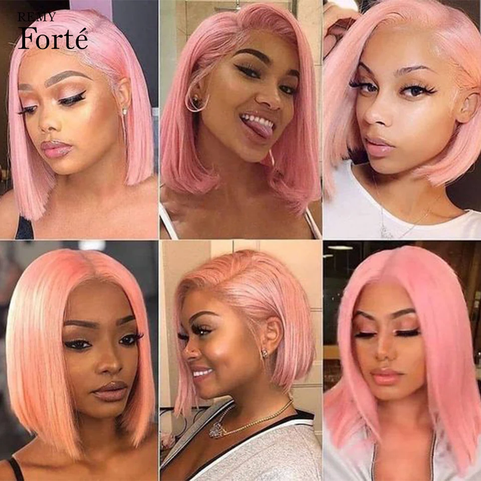 Pink Bob Short Cut Wigs Straight Lace Front Human Hair Wigs 180% Density 13x6x1 Transparent T-Lace Pre Plucked Brazilian Hair Wi