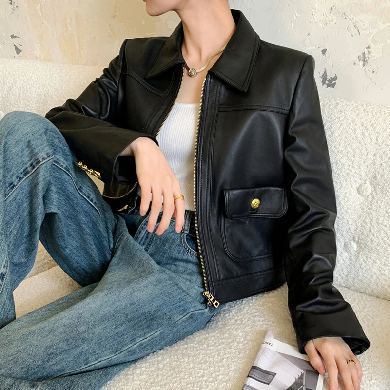 عالية الجودة معاطف السترة الجلدية الحقيقية 2026 جديد إمرأة أسود عادية سستة سترة جلد الغنم موضة قصيرة سترة جلدية فام #3