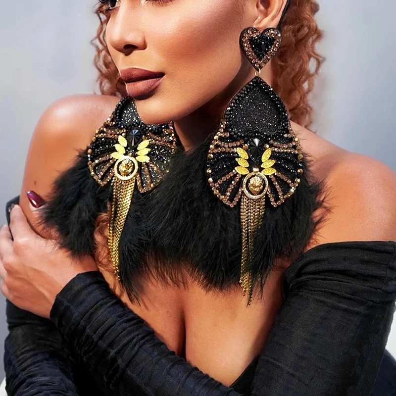

Black Feather Drag Earrings - Boho-Chic Statement with Large Rhinestone Tassels, Perfect for Parties & Women's Bold Looks