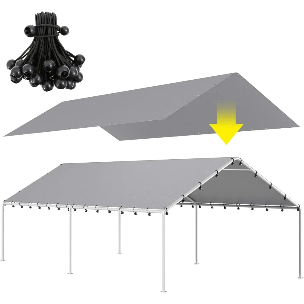 Abri de tente supérieur de garage, bâche d'abri, gris avec 48 cordons de duextrêmes de billes, étanche et protégé contre les UV, 10x20