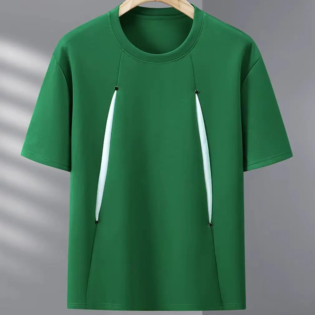 Men Plus Size T-shirt Summer Contrast Splicing Strip Short Sleeve Tops Oversized Loose Round Neck Casual Tees