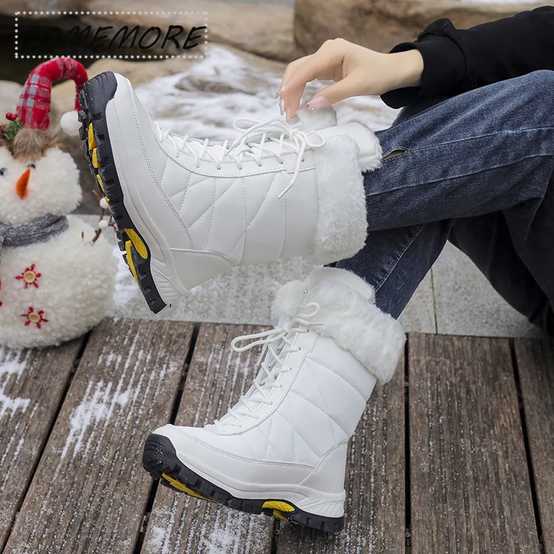 Winter Shoes Warm Plush Mid-calf Boots Waterproof Rubber Non-slip Platform Snow Boots Female Plus Size 42 White Women's Boots PU