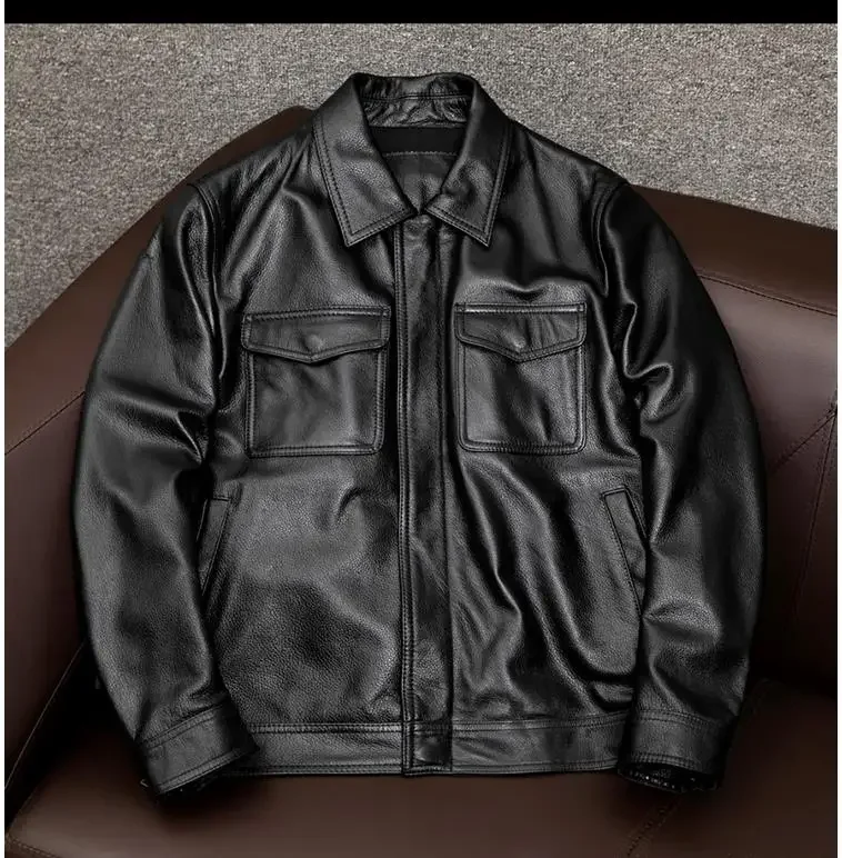 Wholesales.100% Genuine Leather jacket.Classic casual black Men cowhide clothes.quality plus size leather coat.Father's gift