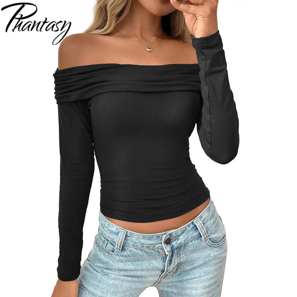 Phantasy Damska Bluzka Y2K z Plisowanymi Ramionami, Długim Rękawem, Seksowna, Hot Girl, Asymetryczna, Prosta, Luźna, Casualowa, Styl Lato 2025 ﻿