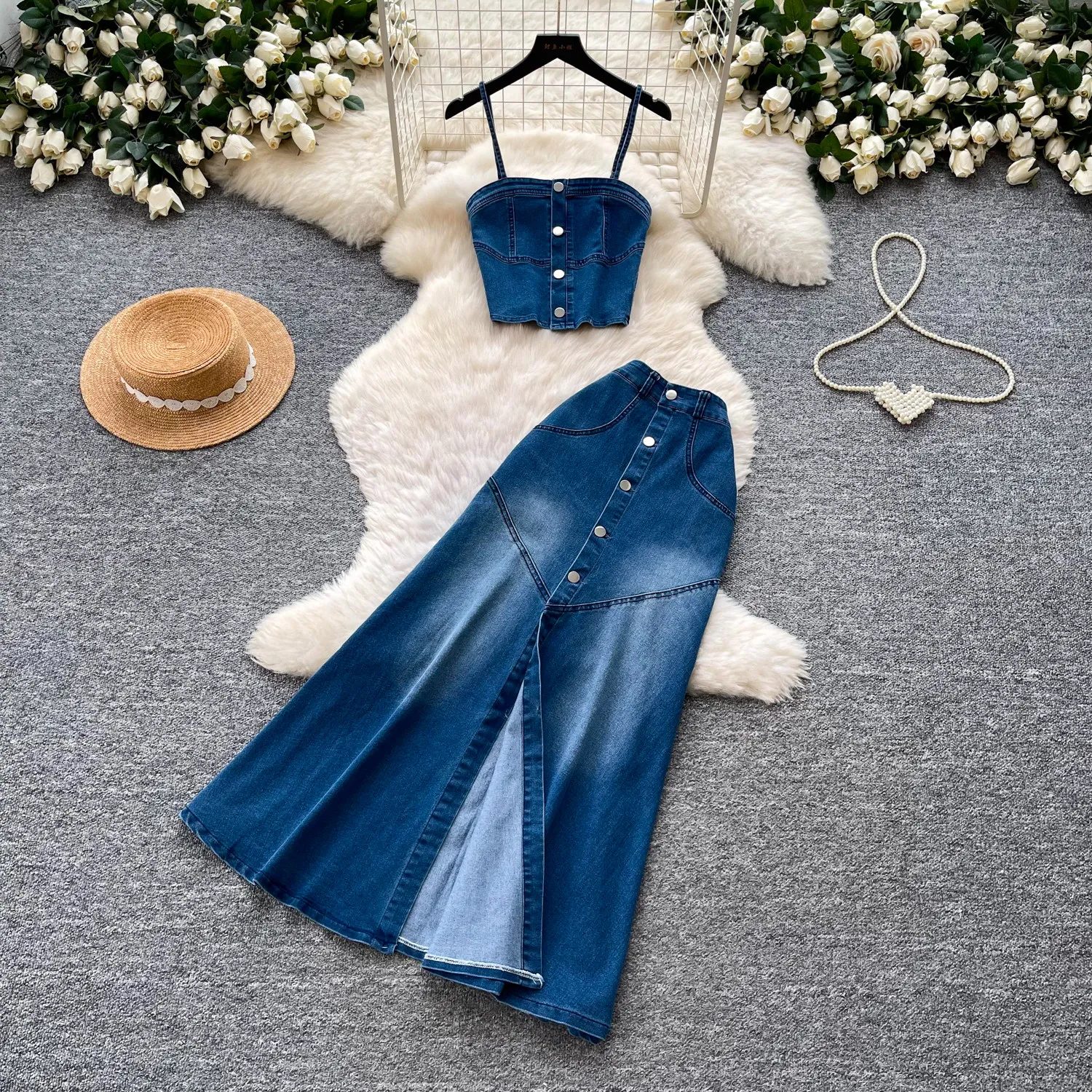 French Style Spaghetti Strap Bustier Youthful Two Piece Jeans Matching Outfit Single Breasted Slim Split Skirt Denim Set Woman