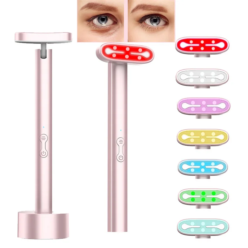 ledフェイシャルマッサージャー、7色、赤のライト療法、顔と首のため、しわの軽減、アンチエイジングツール、ピンク