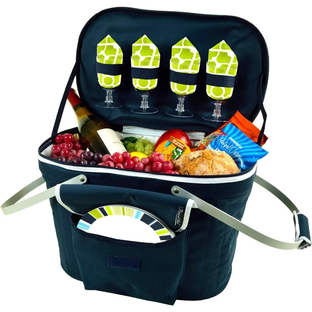 Patented Collapsible Insulated Picnic Basket Equipped with Service for 4- Designed and Assembled in USA