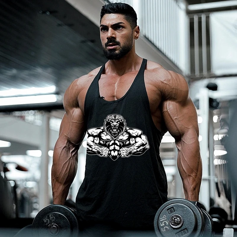 

2025 New Men's Cotton Stringer Tank Top - Lion - Graphic Bodybuilding Vest, Sleeveless for Gym Fitness, Jogging & Workout