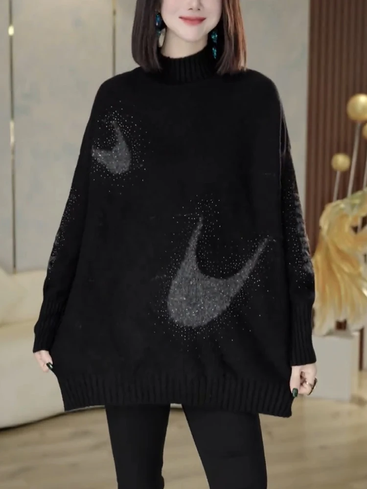 

Корейский свитер с блестящим алмазным дизайном, длинными рукавами, высоким воротником, свободного кроя, больших размеров, осенне-зимний топ