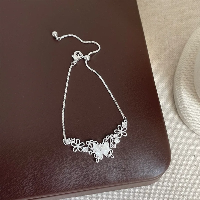 Minar Fairy White Fritillary Butterfly Wings Hollow Out Flowers Charm Bracelets for Women Silver Plated Adjustable Chain Gifts