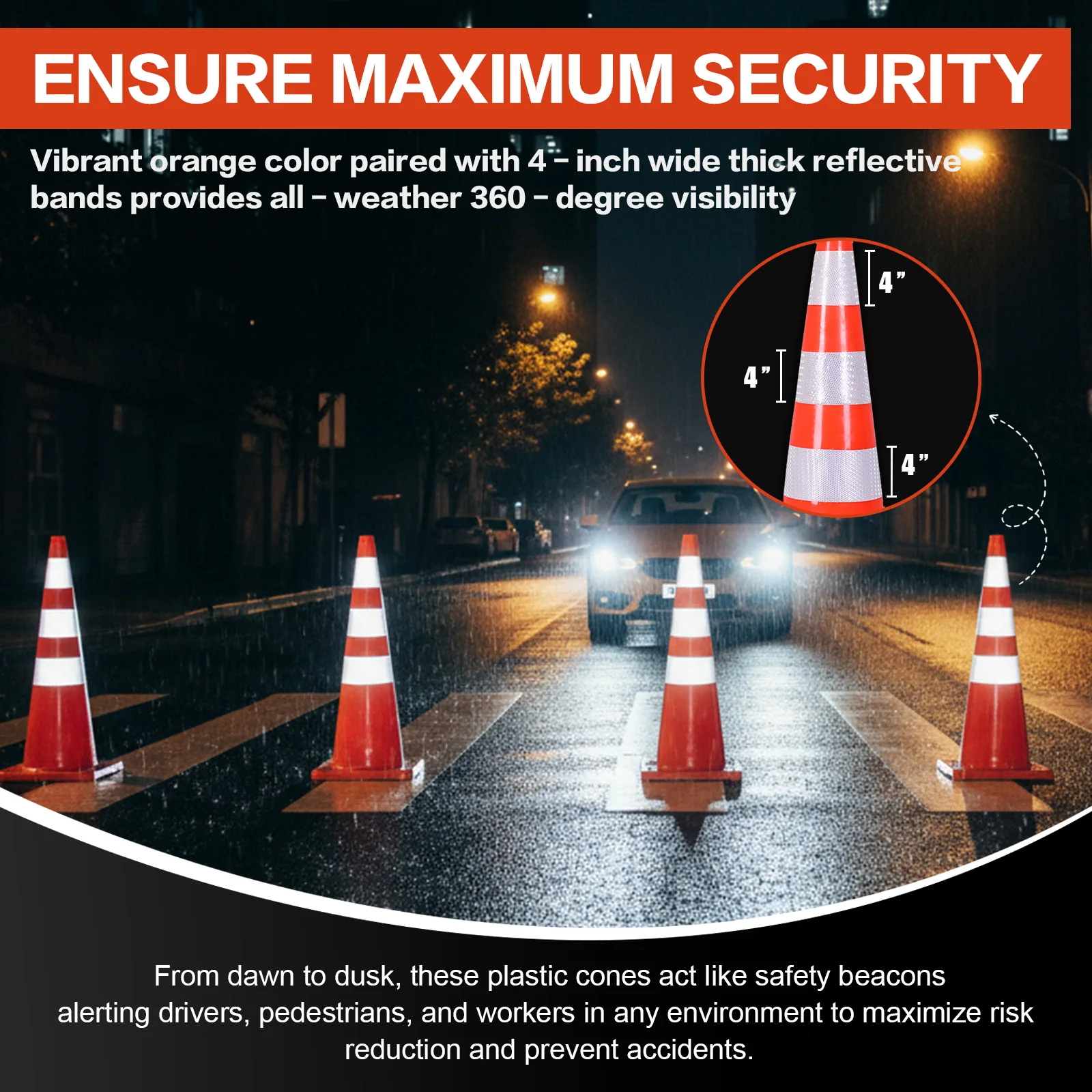 35 بوصة 6 عبوات من مخاريط السلامة البلاستيكية مع أطواق عاكسة للتحذير من مادة PVC لممرات التحكم في حركة المرور ومواقف السيارات #4