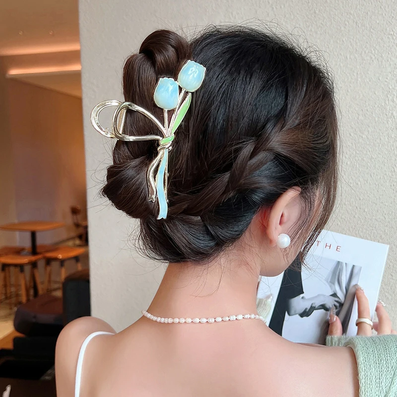 Tulip Flower Hair Clip Back Head Grab Clip For Woman Fashion Ponytail Fixed Hairpins Simple Oversize Shark Clip Hair Accessories