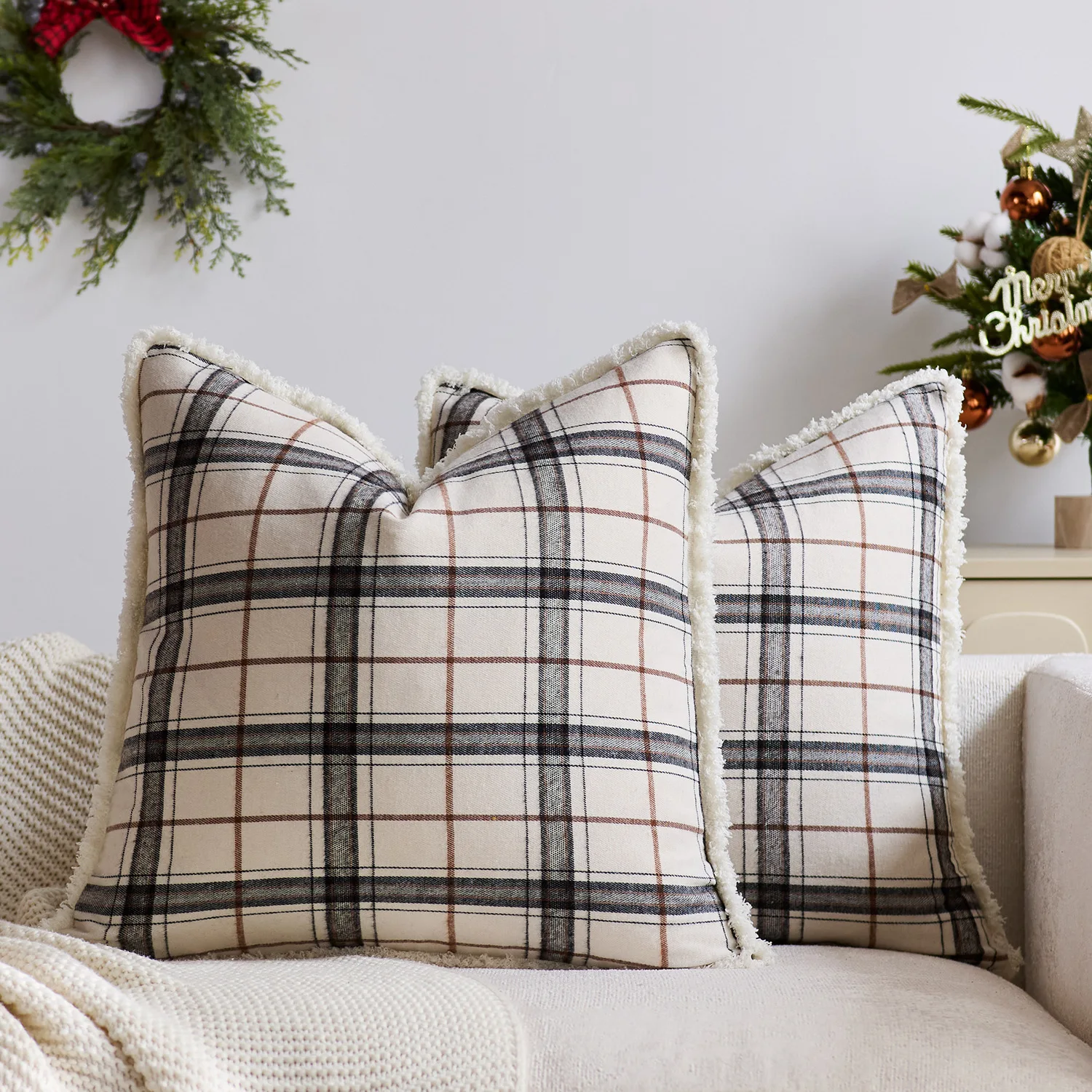

Christmas Plaid Flannel Cushion Cover 2PC with Tassel Fringe Brushed Holiday Decorative Pillow Case for Xmas New Year Home Decor