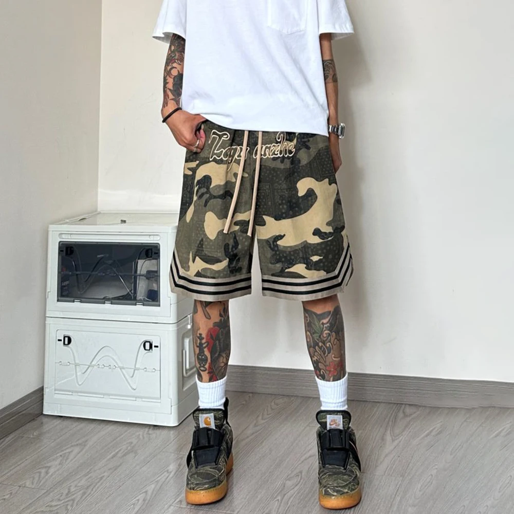 Summer Genderless Unique Camouflage Casual Cargo Shorts Unisex American High Street Fashion Outdoor Loose Five-Quarter Pants