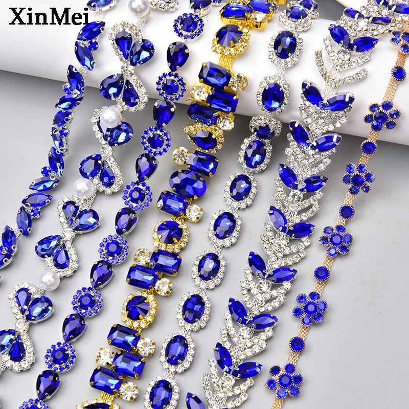 1 Yard Royal Blue Glitter Rhinestone Trim Silver Gold Base Crystal Flower Metal Cup Chain Sew on Bridal Outfit Shoes Accessories