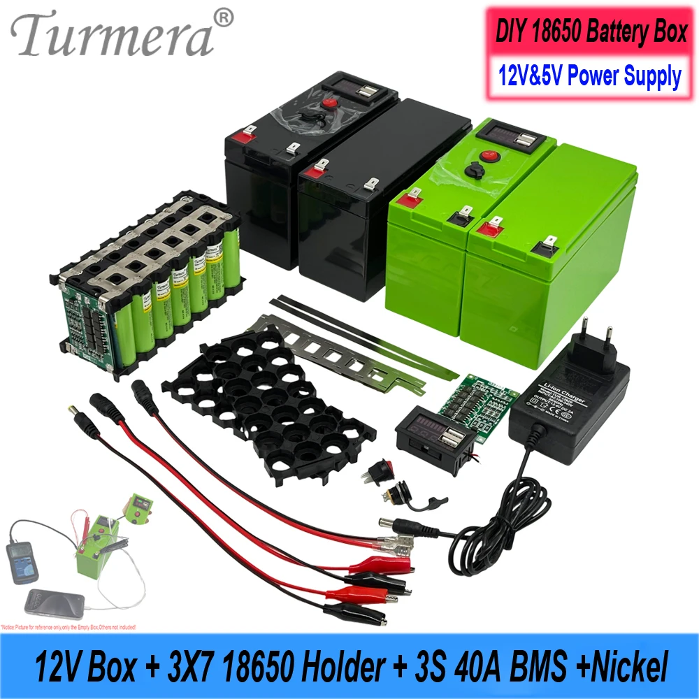 Turmera DIY 12V Battery Box 3x7 18650 Holder 40A BMS Voltage Capacity Displayer 2*USB 5V Power Bank Controllable Dual-Channel