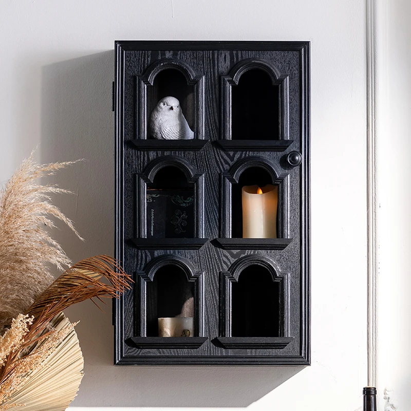 

American retro wall cabinet wall locker solid wood living room black hollow door kitchen home wall display cabinet