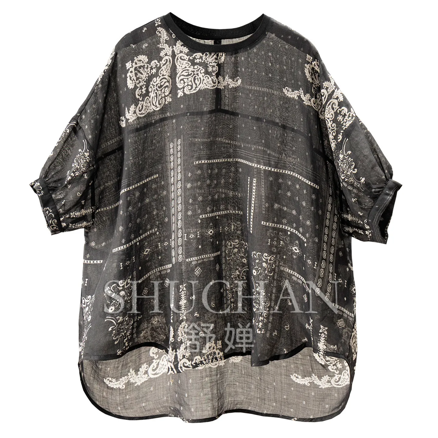 Retro Lazy Blouse100 Ramie Ethnic Printing Round Neck Seven-quarter Sleeve Shirt Women's 48W9