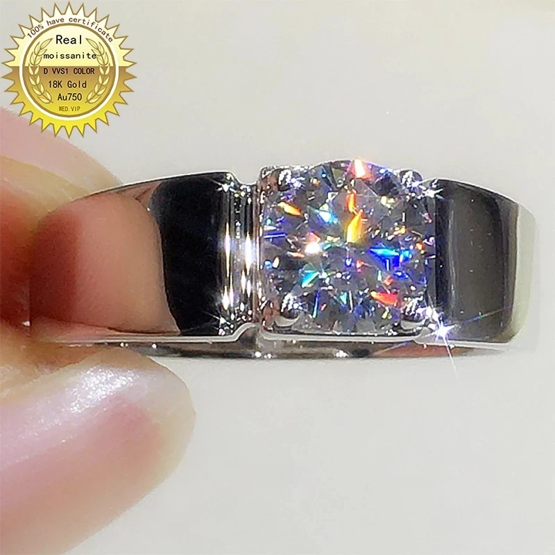 

Solid 18K/14K/9K White Gold Men Ring D VVS Moissanite Diamonds 1 2 3 Carat Round Wedding Party Engagement Anniversary Ring