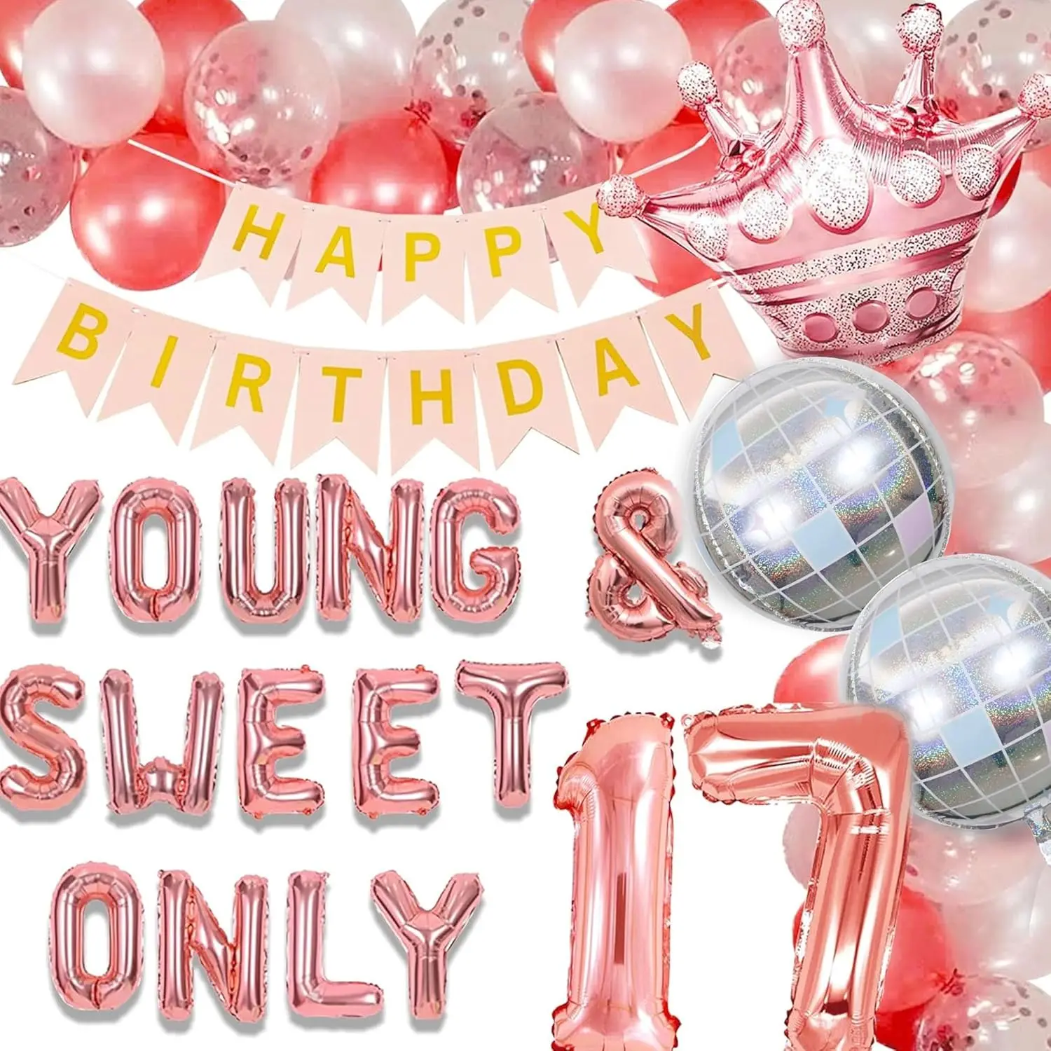 LaVenty Young and Sweet Only 17 Dekoracja urodzinowa Young and Sweet Only 17 Banner Dancing Queen 17 Dekoracja Balony dyskotekowe