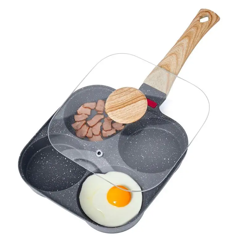Sartén para huevos, sartén antiadherente para huevos de 4 tazas, sartén de aluminio para desayunos, tortitas, hamburguesas, sándwiches, con tapa, cepillo para aceite, raspador, compatible con estufas de gas y utensilios de cocina de inducción