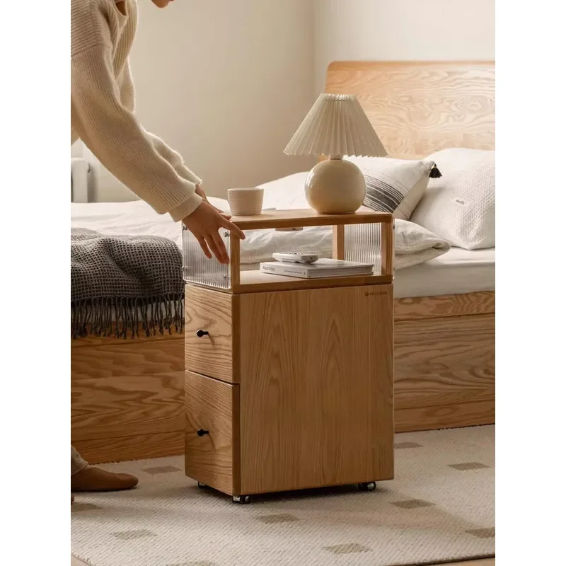 Modern Mobile Solid Oak Wood Hotel Bedroom Nightstand Fluted Glass Top 2-Drawer Slim Design Stackable Durable Wheels for