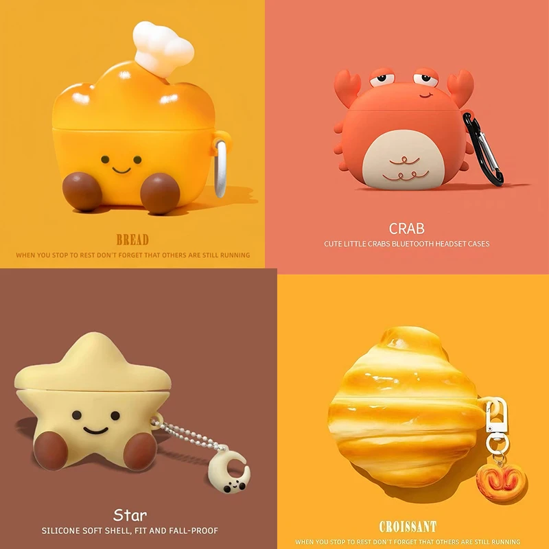 Niedliche 3D-Cartoon-Brot-Krabben-Stern-Croissant-Hülle für AirPods Pro 3 Pro 2 4 4. 3 2 1 Hülle, weiche Silikon-PVC-stoßfeste Abdeckung