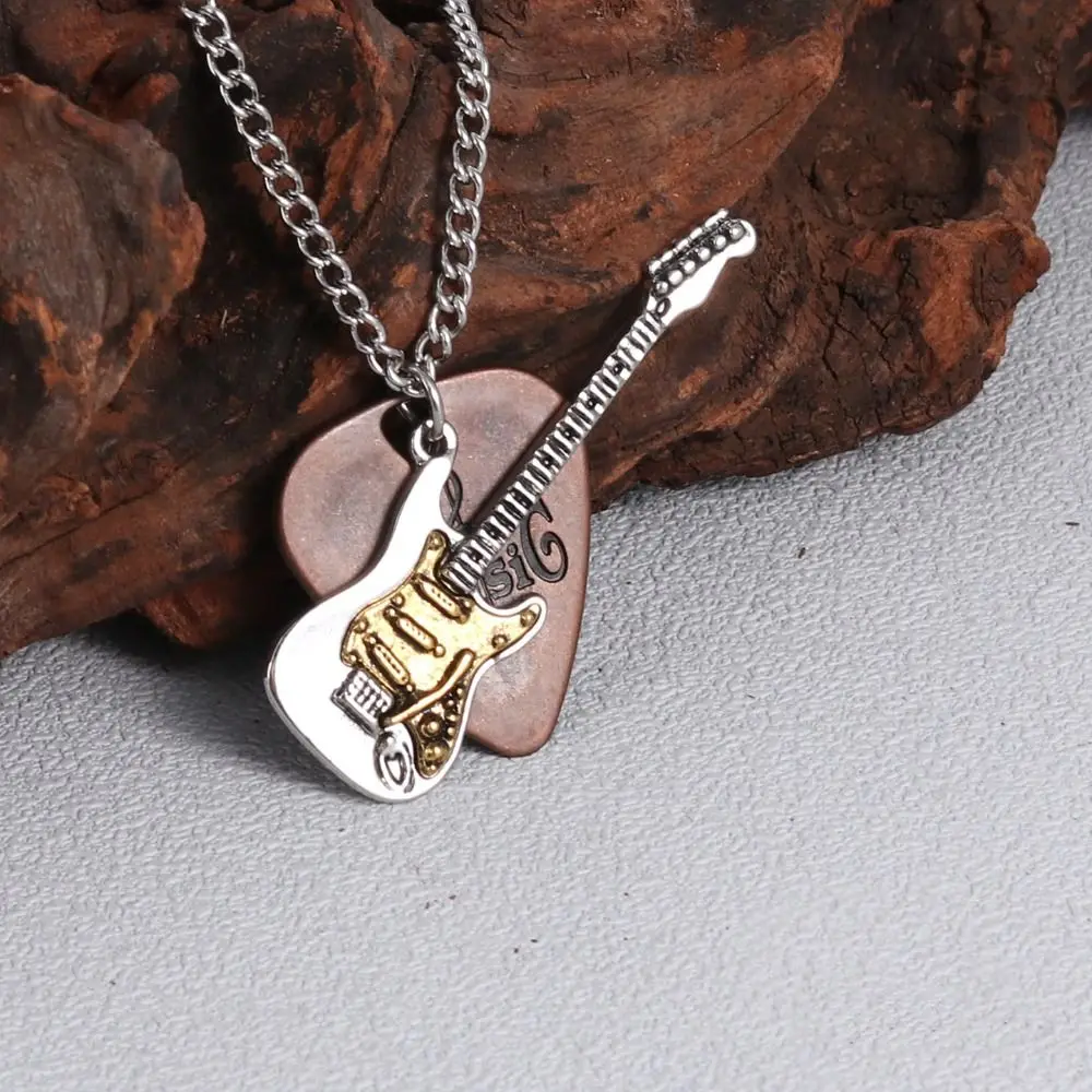 Trendy Vintage Guitar Pick Necklace Chain Choker Zinc Alloy Punk Rock Pendant Sweater Chain Gothic Music Guitar Necklace Hip Hop