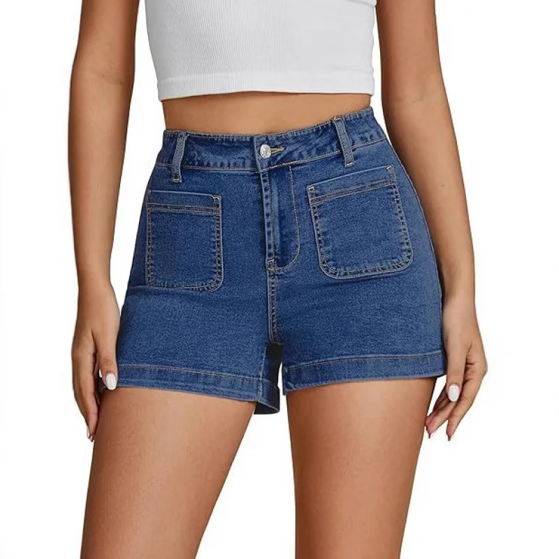 Women's High-Waisted Denim Shorts Minimalist Classic Workwear Design Front And Rear Pockets High Stretch Comfortable Fit