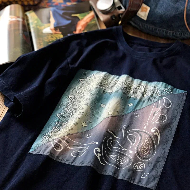 New Arrival Indigo Dyed Short Sleeve T-shirt Starry Sky Tie Dye Patch Loose Printed Men's Summer Cotton Tees