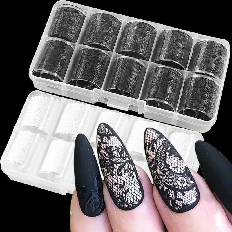 10 Rolls/Box White Black Lace Nail Art Foils Set Nail Transfer Sticker Paper DIY Manicure Nail Decoration Accessories